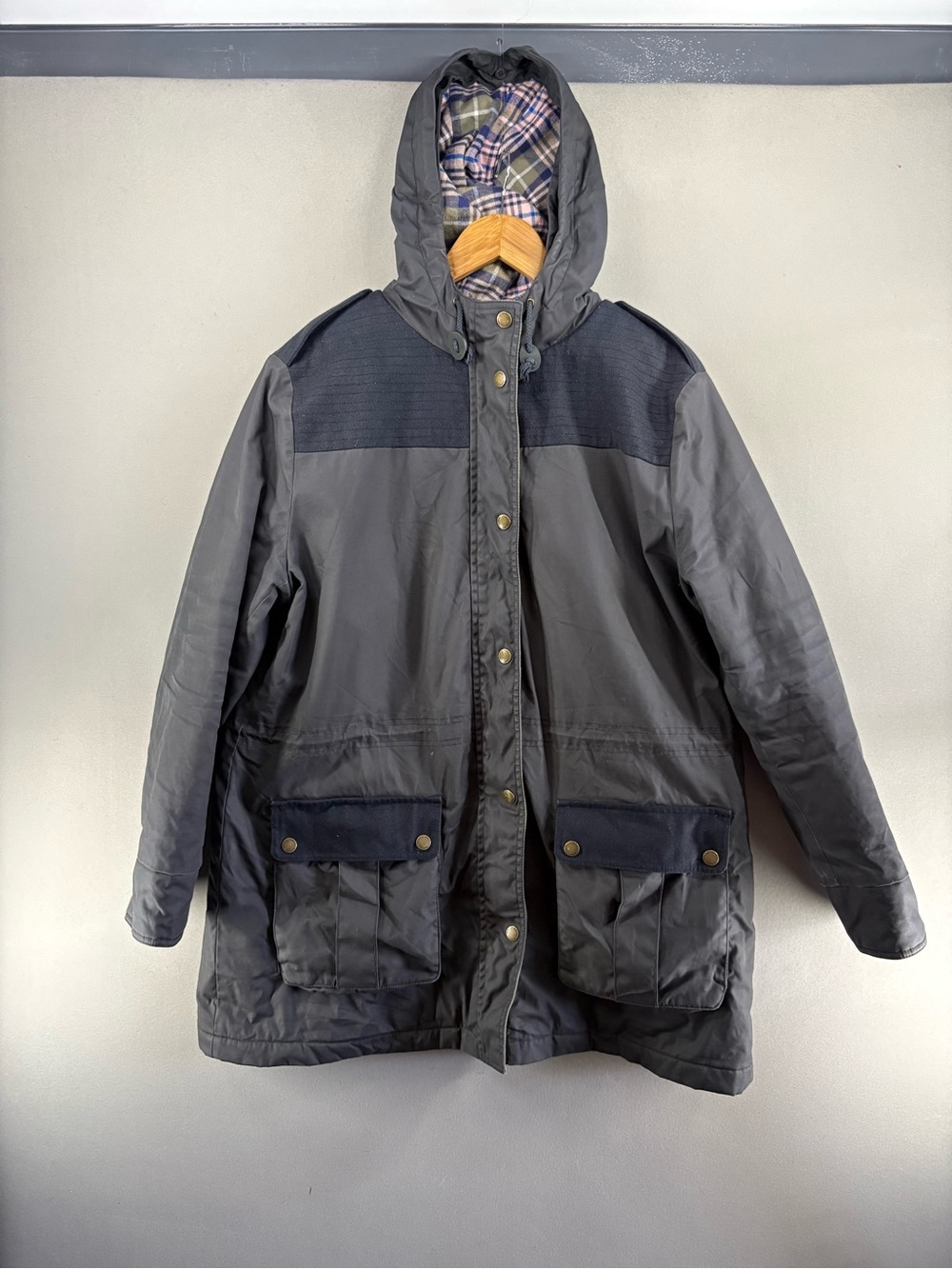 Boden Women’s Waxed Cotton Jacket Lined Dafk Gray Size 18 Hooded Coat Classic